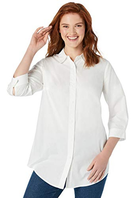 Woman Within Women's Plus Size Printed Three-Quarter Sleeve Perfect Shirt - 4X- White