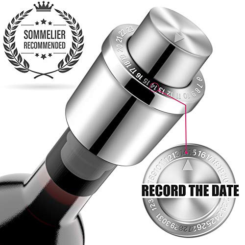 Wine Stoppers, GiniHome Stainless Steel Vacuum Wine Stoppers with Time Scale Record, Vacuum Beverage Bottle Saver with Inner Rubber Sealer Pump Cup