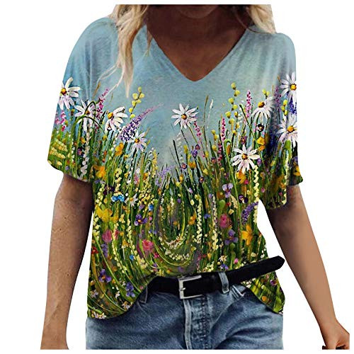 Mimacoo Floral Print Shirt for Womens Summer Loose Plus Size Tops Short Sleeve Blouse V Neck T-Shirt