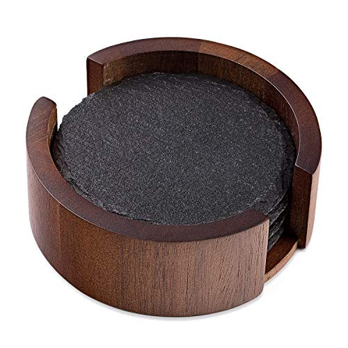 Slate Stone Rustic Beverage Drink Table Coasters Set with Acacia Wood Holder - Round, 4 Coasters