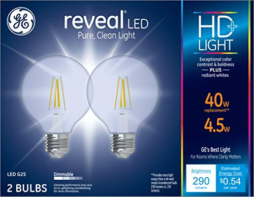 GE Lighting 31911 Clear Finish Light Bulb Dimmable LED Reveal HD G25 Decorative Globe 4.5 (40-Watt Replacement), 290-Lumen Medium Base, 2-Pack