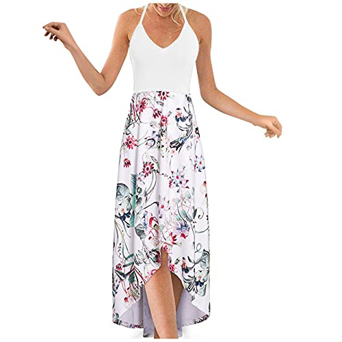 Women's Long Dress Sleeveless Maxi Dress Plus Size Summer Party Cami Dress Loose Casual Dresses with Pockets Sexy Striped Print Pocket Sling Sleeveless Casual Maxi Dress Skirt A1504 White