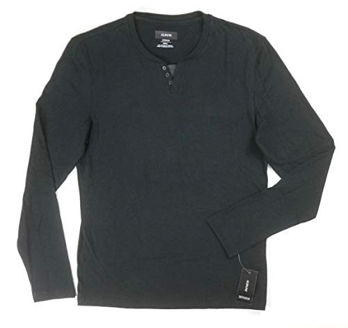 Alfani Mens Split Neck LS Embellished T-Shirt- Black- Small