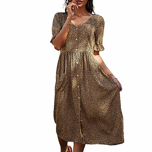 ZOCAVIA Women's V Neck Print Summer Midi Dress Short Sleeve Swing Ruched Dresses Sundress Yellow Small