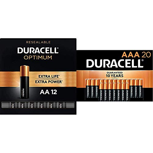 Duracell Optimum AA Alkaline Batteries | Long Lasting 1.5V Double A Battery  and  CopperTop AAA Alkaline Batteries - Long Lasting- All-Purpose Triple A Battery for Household and Business - 20 Count