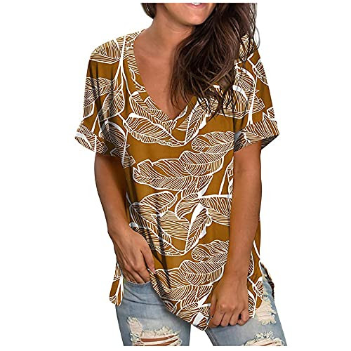 YSLMNOR Summer V Neck Tops for Womens Leaves Printing T-Shirts Short Sleeves Casual Loose Blouse Basic Pullover Yellow YSLMNOR Summer V Neck Tops for Womens Leaves Printing T-Shirts Short Sleeves Casual Loose Blouse Basic Pullover Yellow