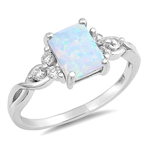 Rectangle White Simulated Opal Infinity Knot Ring .925 Sterling Silver Band Size 9