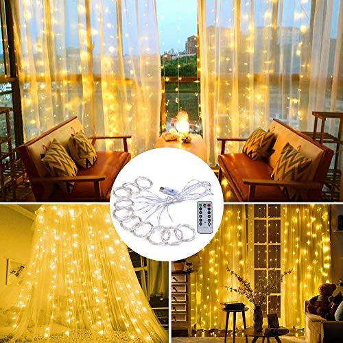VIPMOON Curtain Lights,9.84ftx9.84ft 300LED Warm White USB Powered 8 Modes Copper Wire Window Curtain String Lights,Remote Control Fairy Starry Lights with Timer for Wedding Party Garden Bedroom Decor