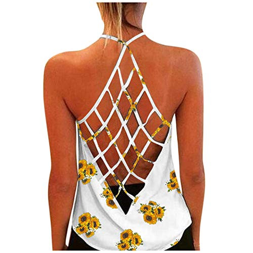 Womens Tank Tops Summer T Shirts Casual Sexy Vest Criss Cross Back Sunflower Daisy Sleeveless Tunic Tee