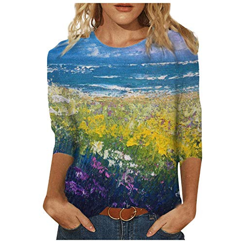 Mimacoo Beautiful Landscape Print Pullover for Womens Round Neck Top Three Quarter Sleeve Shirt Navy