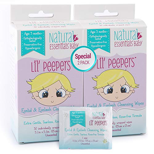 Natural Essentials Lil' Peepers Baby Eyelid  and  Eyelash Soft Cleansing Wipes- Rinse-Free- Pediatrician Recommended- 2 Pack -60 Count-