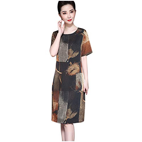 Hapshey Dress for Women Round Neck Short Sleeve Print Midi Dress Summer Casual Loose Knee-Length Elegant T-Shirt Home Dress Black