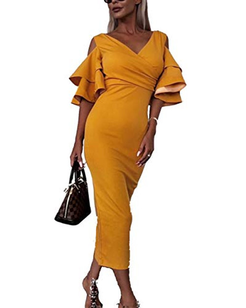 IyMoo Wedding Guest Dresses for Women - Women Sexy Bodycon Cocktail Dresses Party Dresses Deep V Neck Ruffle Short Sleeve Formal Dresses for Women Evening Yellow