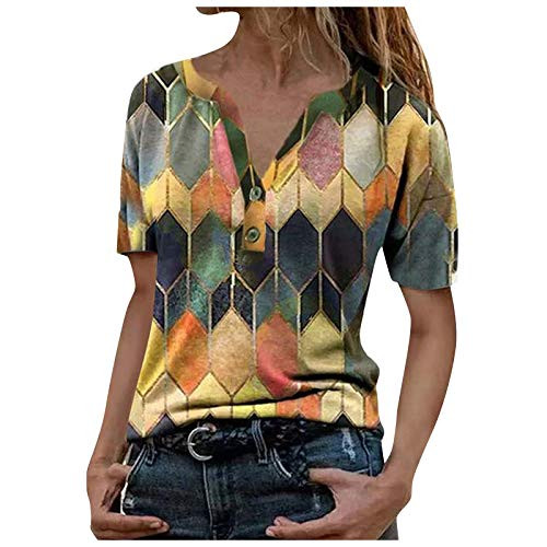Womens T-Shirt Front Zipper Tops Lapel Geometric Print Long Sleeve Casual Blouse T-Shirt Ladies Color Block Pullovers Yellow