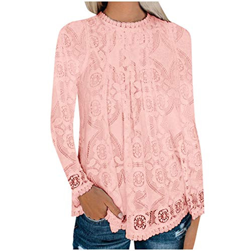Meikosks Women's Lace Tops Long Sleeve O-Neck Blouses Pullover Solid Color T Shirt Casual Tunic Pink
