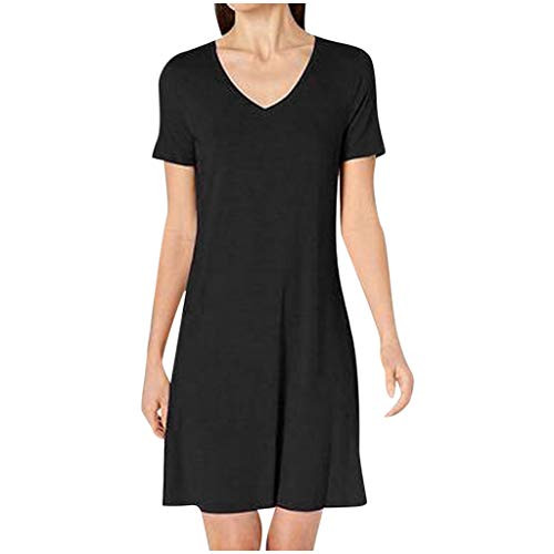 Hapshey Dress for Women V-Neck Short Sleeve Solid Color Short Dress Summer Casual Loose Ruffle Knee-Length Club Home Dress Black