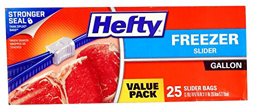 Hefty One Zip Slider Bags- Freezer- 1gal- 2.5 mil- Clear- 25/Box