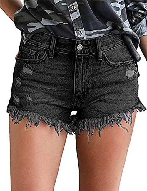 Necooer Women Denim Shorts Casual Summer Mid Waist Stretchy Denim Jean Shorts -X-Large- Black-