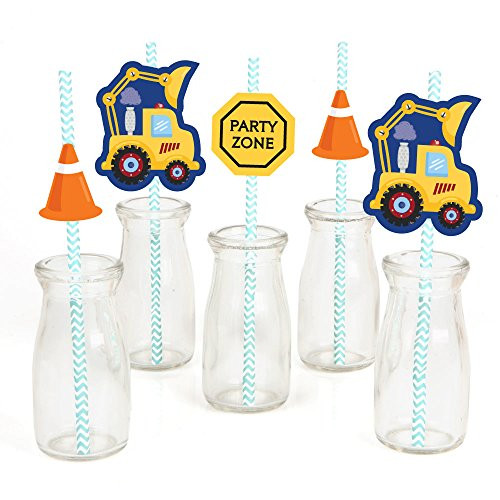 Construction Truck Paper Straw Decor - Baby Shower or Birthday Party Striped Decorative Straws - Set of 24