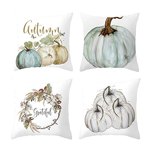 Fall Harvest Throw Pillow Cover Farmhouse Wreath Pumpkin Maple Leaves Autumn Cushion Cover Watercolor Halloween Thanksgiving Day Decorative Cotton Linen Pillow Cases 18x18 Inches Set of 4 -Grateful-