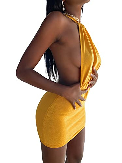 Women Sexy Halter Neck Bodycon Dress Y2K Backless Bandage Criss Cross Dresses Cut Out Club Party Night Out Dress -Solid Yellow- s- Women Sexy Halter Neck Bodycon Dress Y2K Backless Bandage Criss Cross Dresses Cut Out Club Party Night Out Dress -Solid Yellow- s-