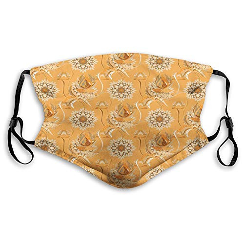 Windproof Mask-Tan and Brown- Ornamental Ottoman Garden Pattern with Tulips and Blossoming Flowers-Orange Tan Brown-Printed Facial Decorations for Unisex JP-2419