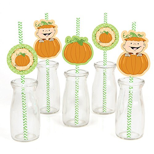 Little Pumpkin - Paper Straw Decor - Fall Baby Shower or Birthday Party Striped Decorative Straws - Set of 24