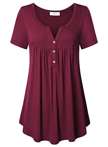 Ca Kra Women V Neck Blouses, Women's Button V-Neck Short Sleeve Soft Loose Casual Flattering Blouse Tops Wine Red S