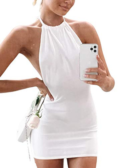 Women Sexy Halter Knit Dress Bodycon Mini Dress Sleeveless Backless Summer Beach Short Tank Dress -White- s- Women Sexy Halter Knit Dress Bodycon Mini Dress Sleeveless Backless Summer Beach Short Tank Dress -White- s-