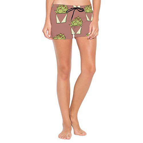 CENHOME Women Swim Shorts Cactus Pattern Plant Brick Red Background Bottom Boardshorts