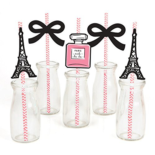 Paris, Ooh La La - Paris Themed Paper Straw Decor - Baby Shower or Birthday Party Striped Decorative Straws - Set of 24