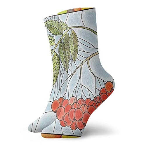 Women Girl Cute Pattern Socks Novelty Fun Socks-Rowan Branch Motif On A Stained Glass Frame Noel Season Berries Winter Theme