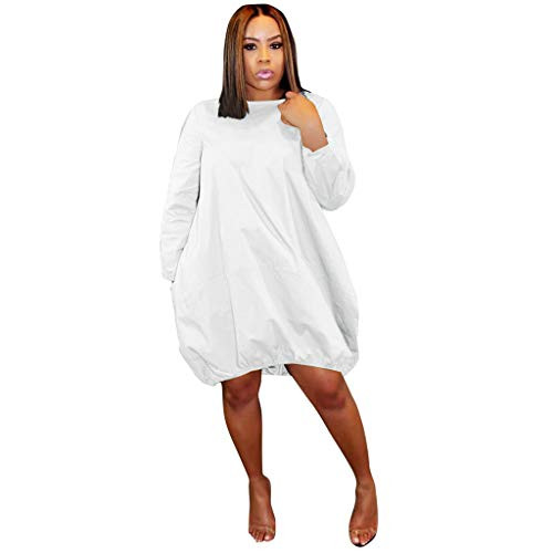 Women's Baggy Midi Dress Solid Casual Oversized Long Sleeve Round Neck Loose Fit Dresses with Pockets White