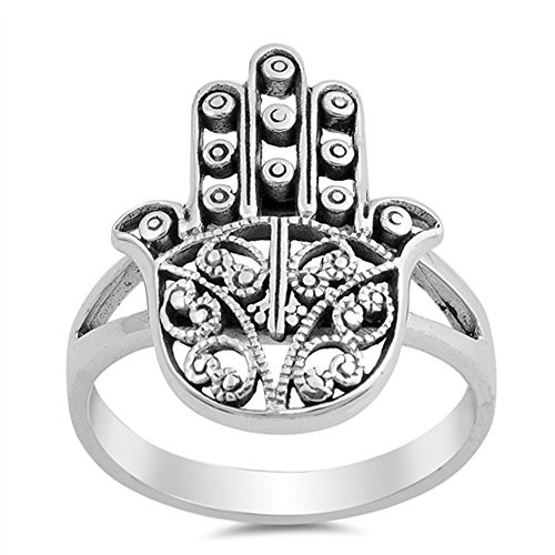 Filigree Hand of God Hamsa Ring .925 Sterling Silver Heart Size 8