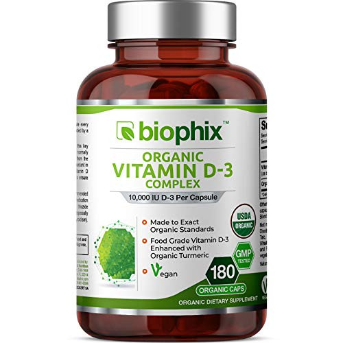 Organic Vitamin D-3 Complex 10000 IU 180 Vcaps with Turmeric - High-Potency Supports Strong Bones Immune Health K2 with Turmeric