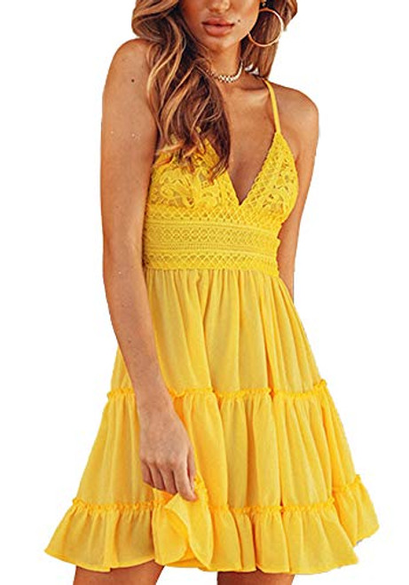 WSIRMET Womens Summer Spaghetti Strap Sleeveless Halter V Neck Backless Casual Swing Mini Ruffle Dress Yellow