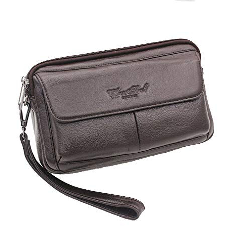 Leather Clutch Bag Wrist Purse for Men Women Travel Outdoor Business Organizer Wristlet Strap Pouch Coin Money Wallet Handbag Multi-Purpose Cell Phone Holder Daypack Coffee