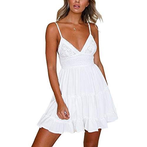 Women's Summer V-Neck Spaghetti Straps Lace Backless Cocktail Party Club Beach Mini Swing Skater Dresses -White- M- Women's Summer V-Neck Spaghetti Straps Lace Backless Cocktail Party Club Beach Mini Swing Skater Dresses -White- M-