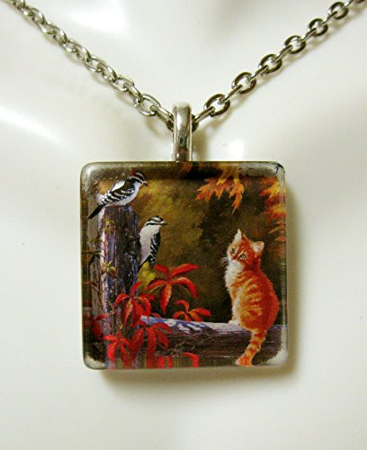 Orange cat with birds glass pendant and chain - CGP01-075