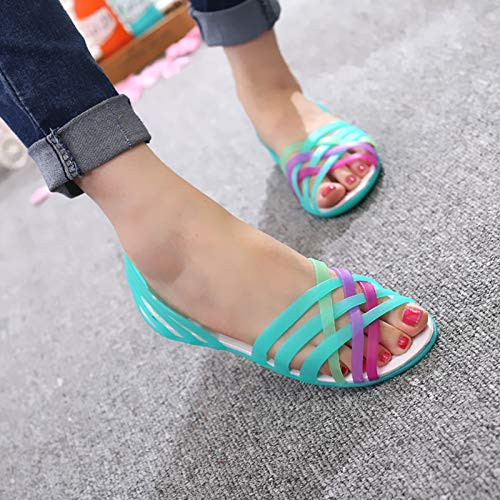 Women's Summer Flat Sandals Women's Beach Jelly Sandals Flat Hole Shoes Rainbow Plastic Sandals-004-37EU