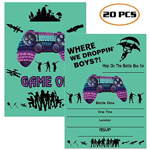 Video Game Invitations, 20 Invitations + 20 Envelopes, Double Sided Battle Video Game Invitations for Kids Boys Game Lovers Birthday Baby Shower Game Themed Party Supplies