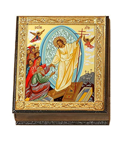 Resurrection Jesus Christ Rosary Box Prayer Bead Jewelry Wooden Russian Icon Box- Religious Gift 5 Inch