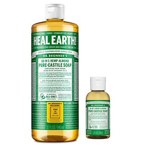 Dr. Bronners Pure-Castile Liquid Soap  Almond Bundle. 32 oz. Bottle and 2 oz. Travel Bottle