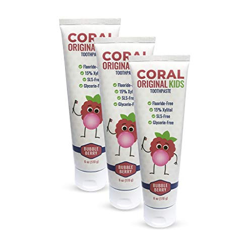Coral White- Coral Kids Natural Toothpaste Fluoride Free and SLS Free- Berry Bubblegum Flavor 6 Ounce -3 Pack-