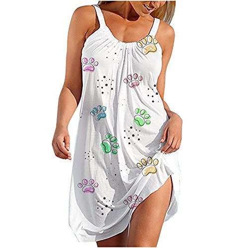 WUHOVILA Women's Fashion Sexy Sleeveless Cute Cartoon Print Hem Loose Beach Dress -AWhite-XXL-