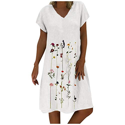 iQKA Women's Plus Size Cotton Linen Shirt Dresses Floral Print Embroidered Short Sleeves V-Neck Casual Short Dress-White-4XL-