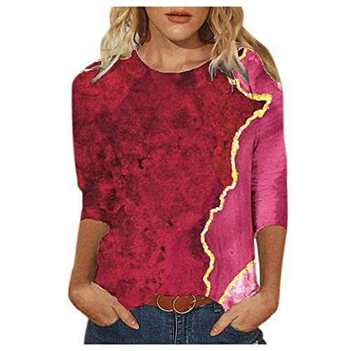 AODONG Women T-Shirt 3/4 Sleeve Shirts for Women Summer Casual Colorful Print Tops Round Neck Loose Pullover Soft Blouse Red