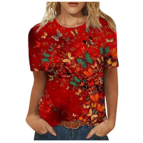 AODONG Women T-Shirt 3/4 Sleeve Shirts for Women Summer Casual Colorful Print Tops Round Neck Loose Pullover Soft Blouse Purple