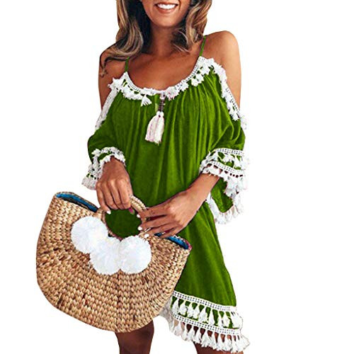 Moxiu Women Off Shoulder Dress Tassel Short Cocktail Loose Sling Party Beach Dresses Sundress -S- Green- Moxiu Women Off Shoulder Dress Tassel Short Cocktail Loose Sling Party Beach Dresses Sundress -S- Green-