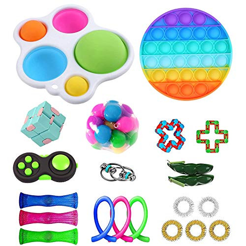 Sensory Fidget Toy Set- Fidget Pack Sensory Relieves Stress Anxiety for Kids Adults- Fidget Block with Simple Dimple in It-Push Bubble Toy -21PCS A-